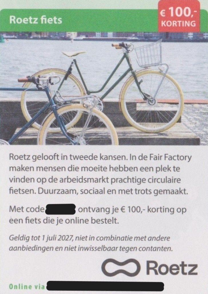 Roetz fiets. € 100,- korting. Postcodeloterij voordeelbon., Eén persoon, Kortingsbon, Warenhuis- of Winkelbon