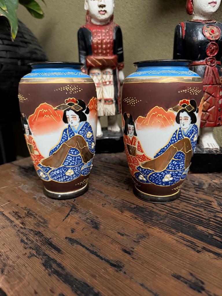 Japanse vaas set satsuma moriage vaas handgeschilderd, Ophalen of Verzenden