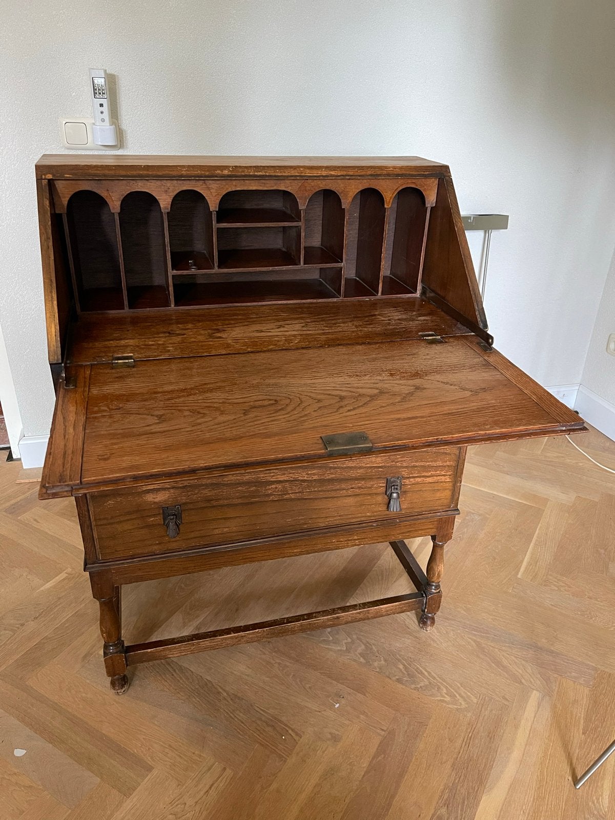 Klassieke secretaire - Vintage houten bureau met opbergruimt, Ophalen, Gebruikt
