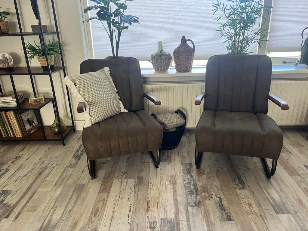 2 fauteuils olijfgroen stof met bronzen frame, Ophalen, 75 tot 100 cm, Zo goed als nieuw, Stof