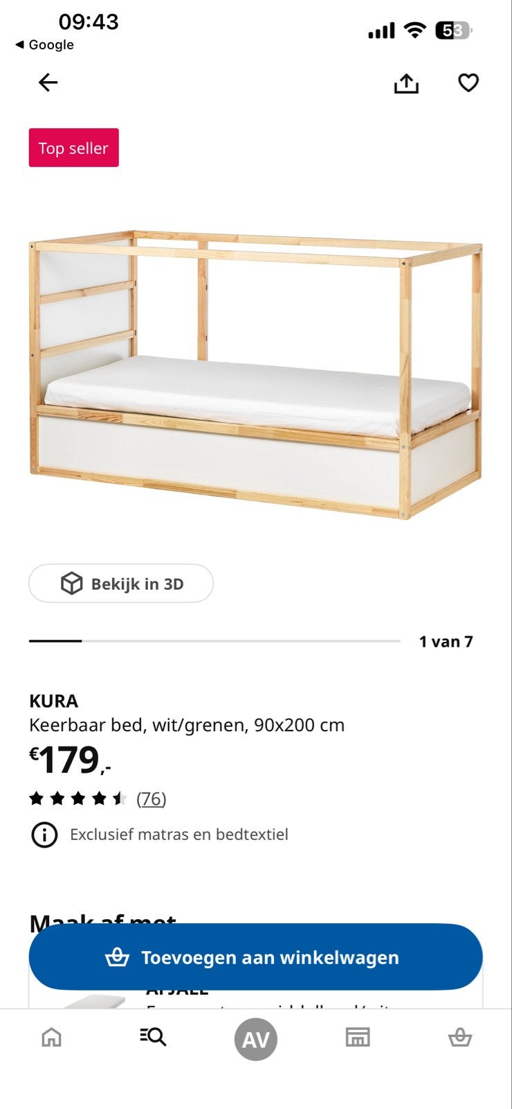 IKEA KURA omkeerbaar bed, wit/grenen, 90x200 cm, Ophalen, Gebruikt, Eenpersoons, 200 cm