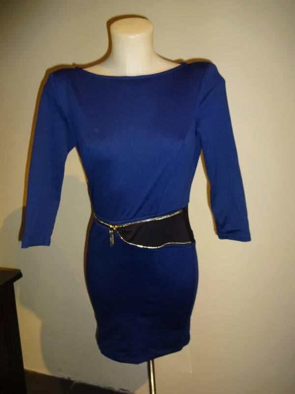 Elisabetta Franchi donker blauwe stretch jurk gouden rits, Zo goed als nieuw, Maat 36 (S), Boven de knie, Elisabetta Franchi