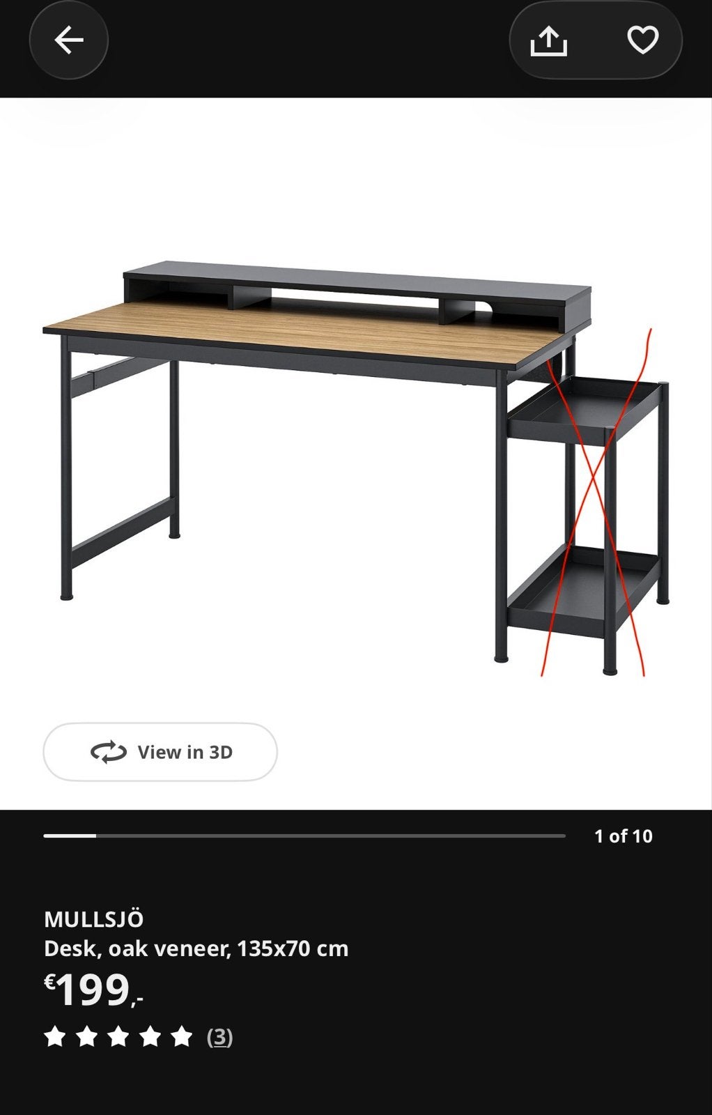 IKEA MULLSJÖ Bureau - Eikenfineer, 135x70 cm, Ophalen, Demontabel, Gebruikt, Hout