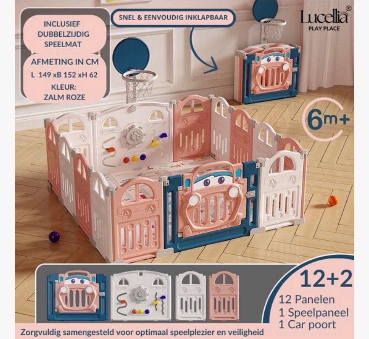 Lucellia Playpen met Speelmat en Basketbalring:ZalmRoze:€180, Ophalen of Verzenden, Zo goed als nieuw, Overige typen