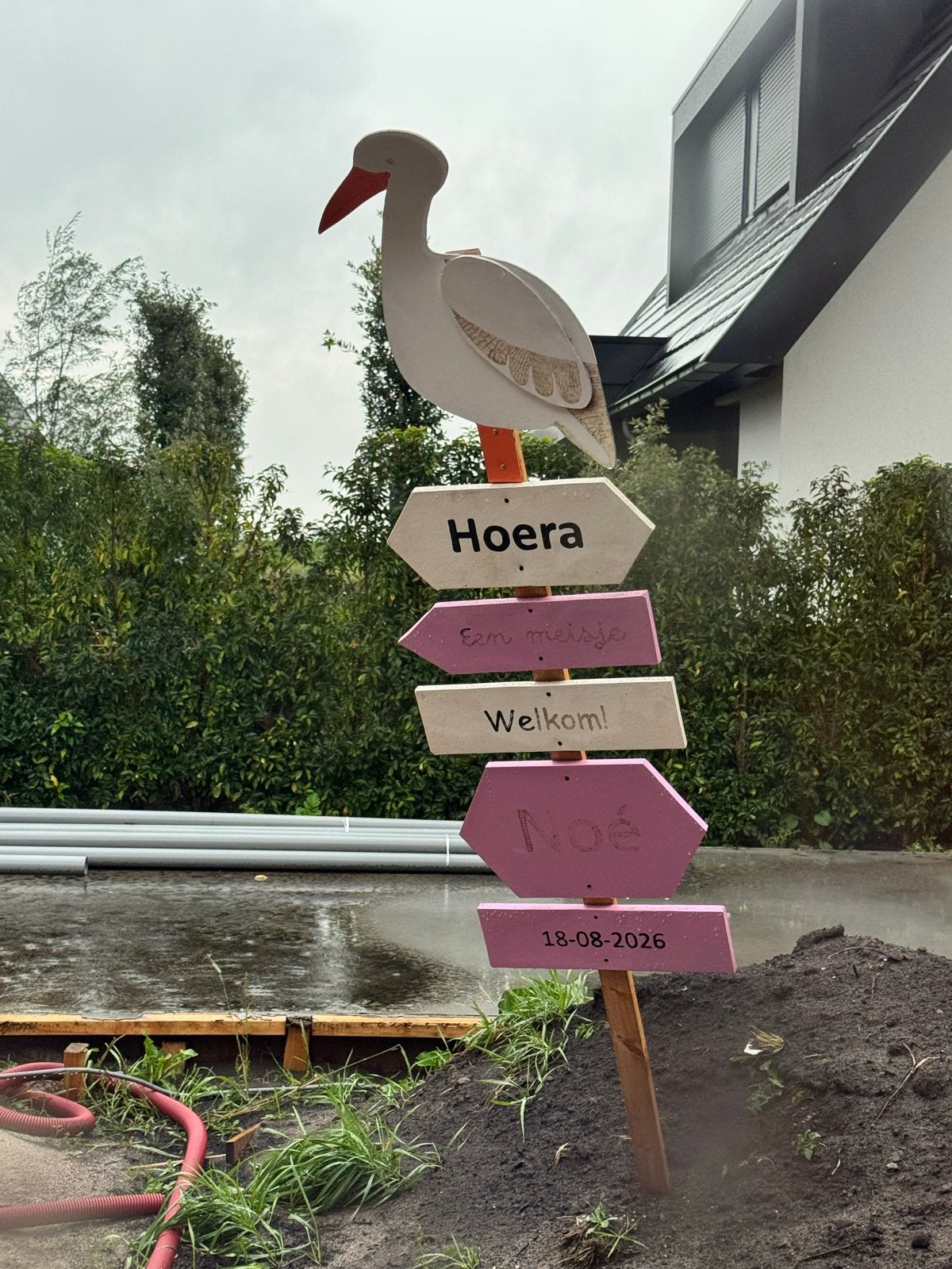 GRATIS Geboortebord Ooievaar - Hoera een meisje, Ophalen, Gebruikt, Geboortebord