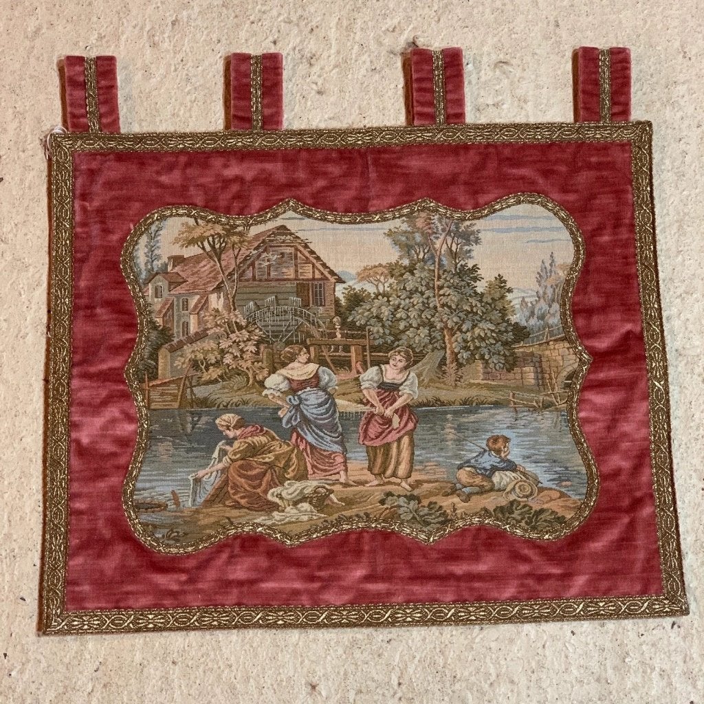 Wandtapijt gobelin middeleeuws wassende vrouwen 54/45 cm, Ophalen of Verzenden