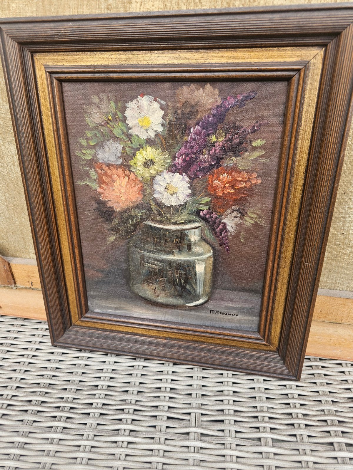 Schilderij M. Brouwers - Bloemen in vaas, Paneel, Realistisch, Olieverf, Gesigneerd