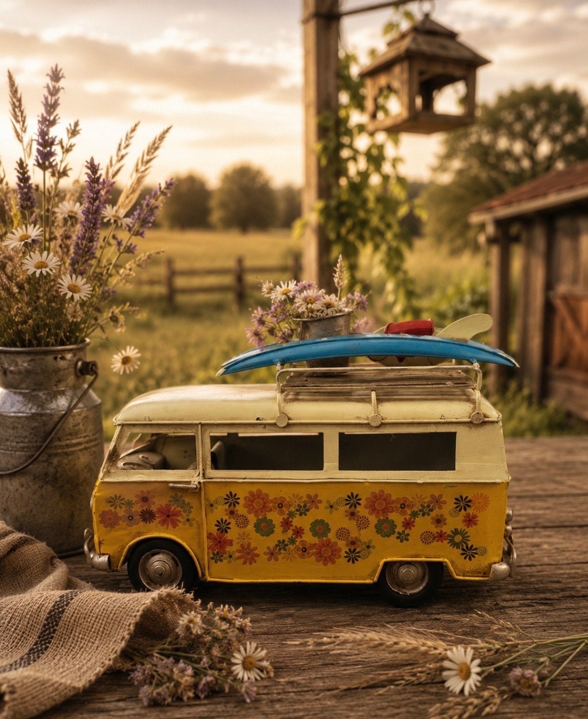 Retro Bloemenbusje Decoratie met Surfplank, Ophalen of Verzenden, Nieuw