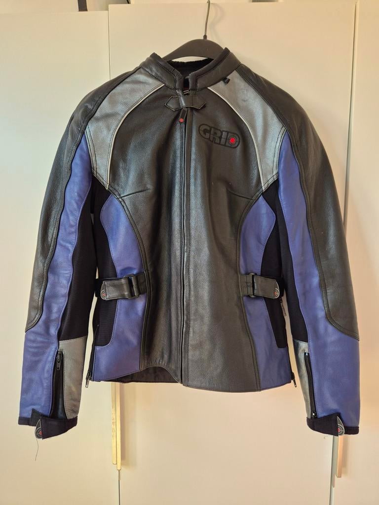Leren dames motorjas Grid maat 40 zwart en blauw, Ophalen of Verzenden, Tweedehands, Dames, Jas | leer