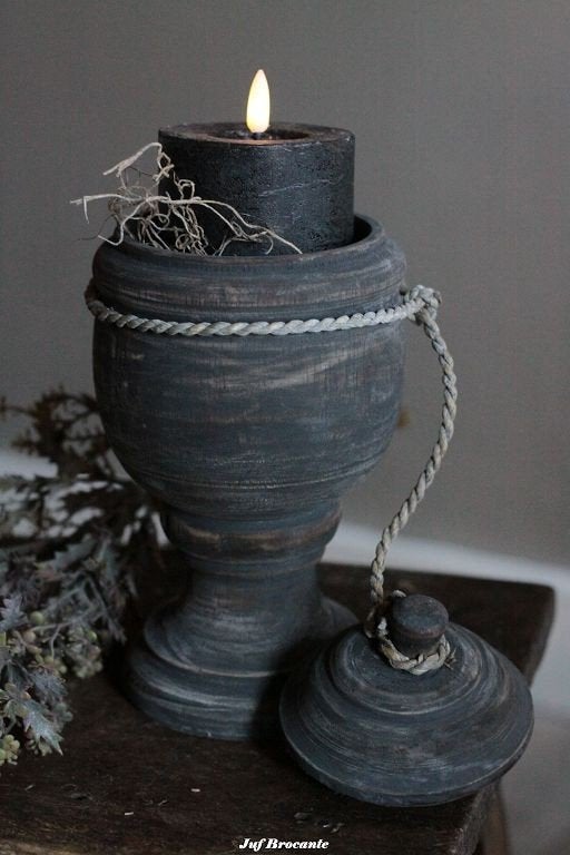 Houten schaal met deksel op voet 'vintage black', Www.jufbrocante.nl, Www.jufbrocante.nl, Nieuw, Ophalen of Verzenden