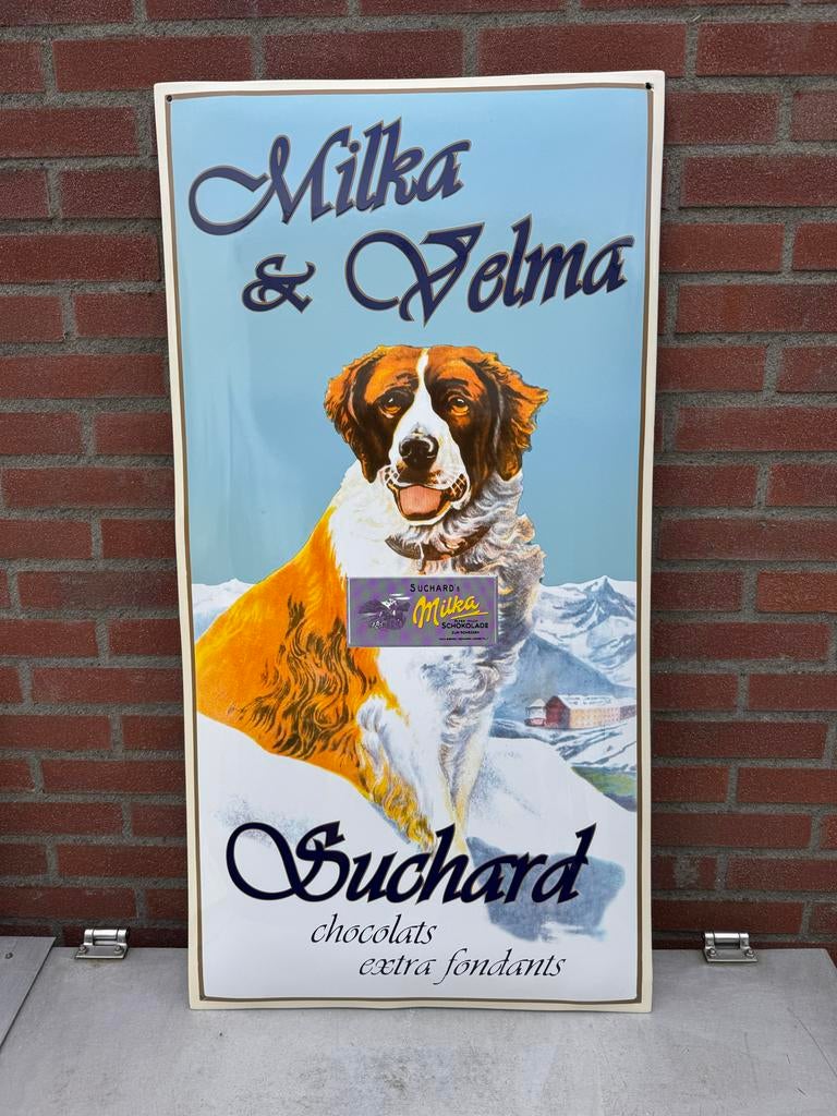 Vintage Milka & Velma Suchard reclamebord Sint Bernard, Ophalen, Zo goed als nieuw, Reclamebord