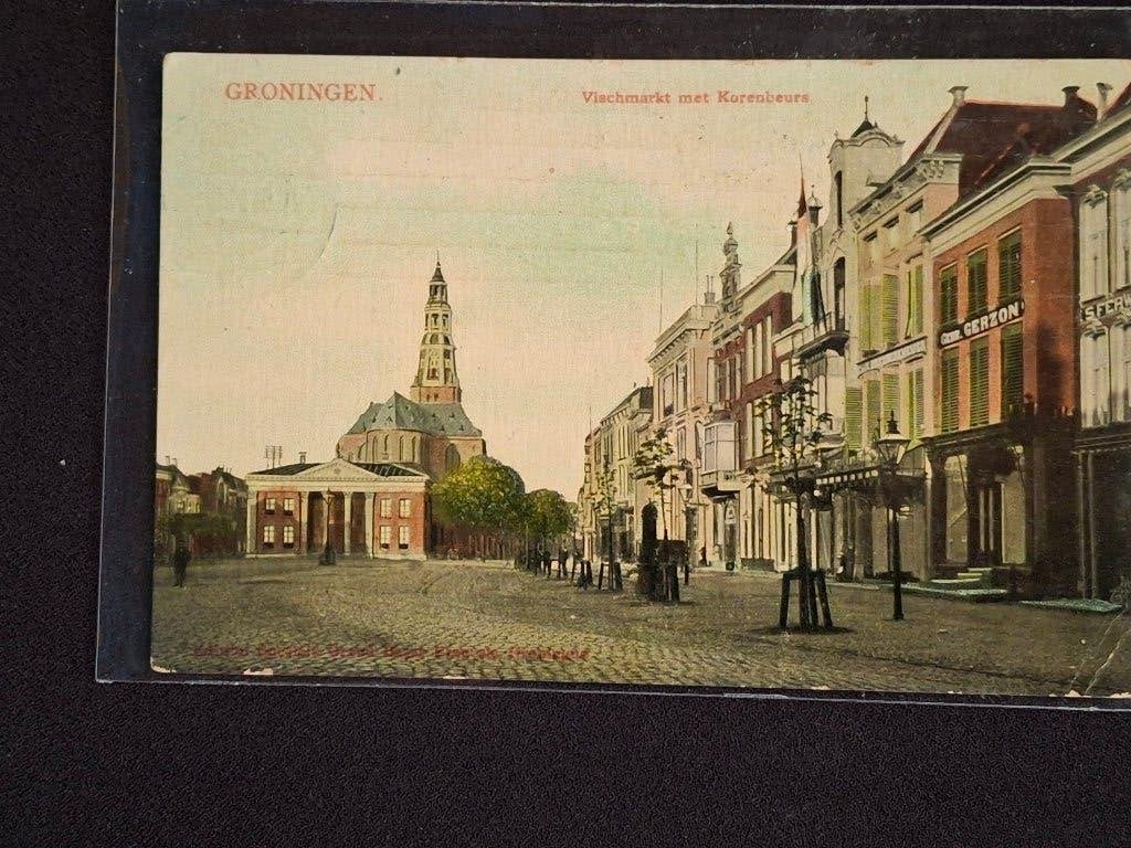 Oude Ansichtkaart Groningen Vischmarkt met Korenbeurs 1911, Ophalen of Verzenden, Voor 1920, Gelopen, Groningen
