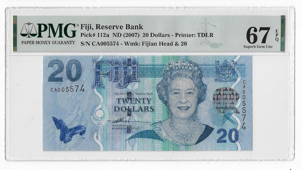 Fiji Islands 20 Dollars 2007 Unc PMG 67 EPQ, Ophalen of Verzenden, Los biljet