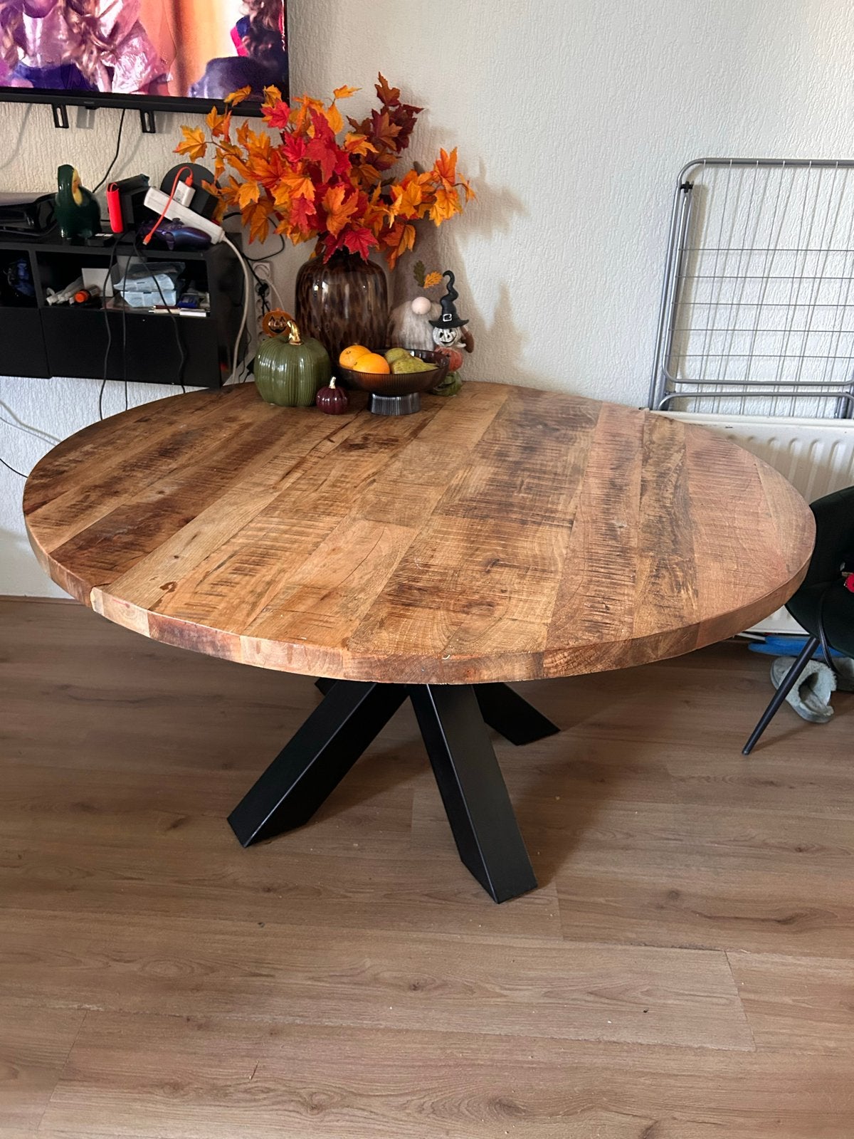 Ronde eettafel mangohout, Ophalen, Gebruikt, 50 tot 100 cm, 100 tot 150 cm