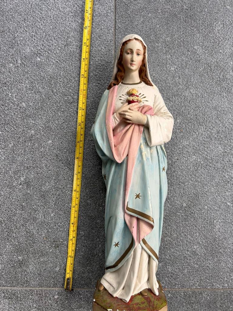 Vintage Gipsen Religieus Beeld - Maria met Heilig Hart, Ophalen of Verzenden