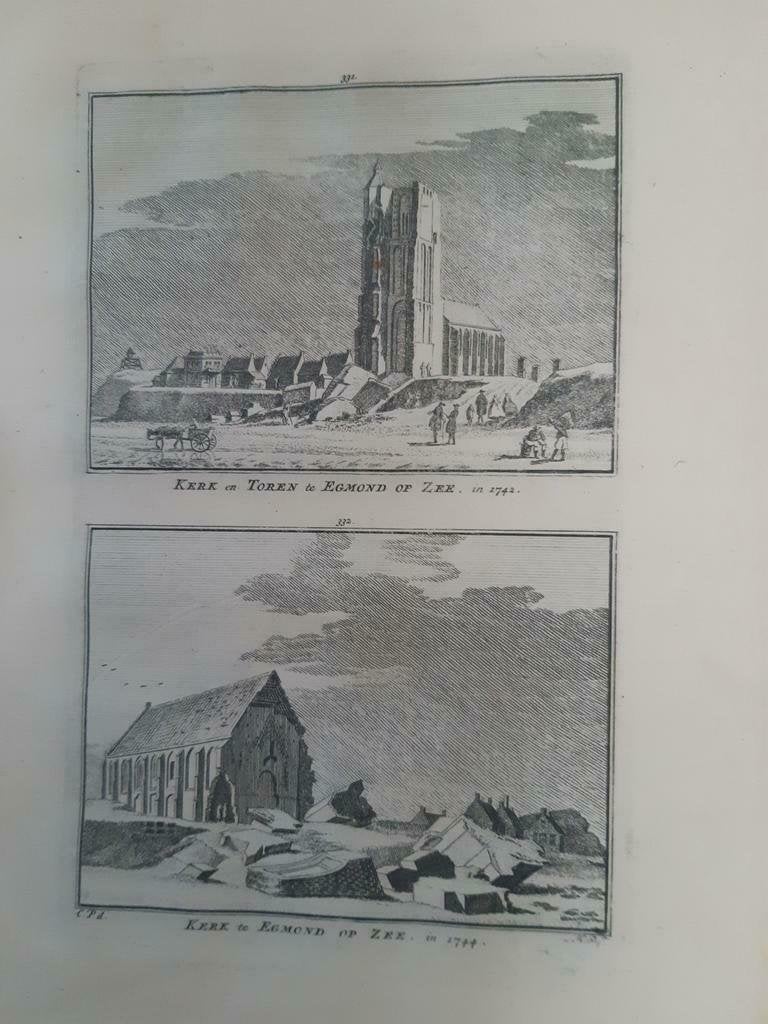 331-332*/ toren en kerk Egmond op Zee kopergravure uit 1752, Ophalen of Verzenden