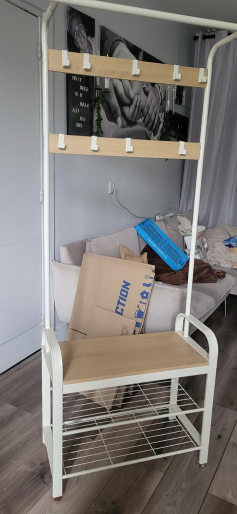 Witte kapstok met schoenenrek en zitbankje, Huis en Inrichting, Woonaccessoires | Kapstokken, Ophalen, Gebruikt, Metaal, Staande kapstok