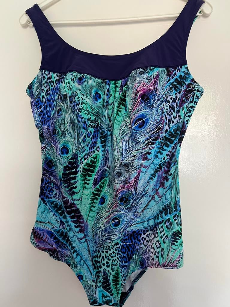 Badpak voor borstprothese of zonder, pauwenprint, Ophalen, Zo goed als nieuw, Blauw, Badpak