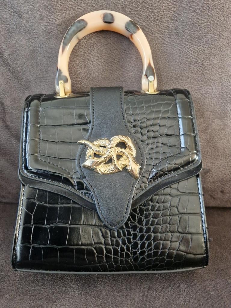 Zwart krokodillenpatroon tasje met gouden details, Sieraden, Tassen en Uiterlijk, Tassen | Damestassen, Ophalen of Verzenden, Gebruikt