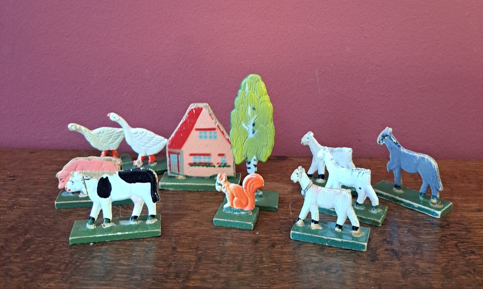 Vintage houten boerderijdieren en huisje, Ophalen of Verzenden