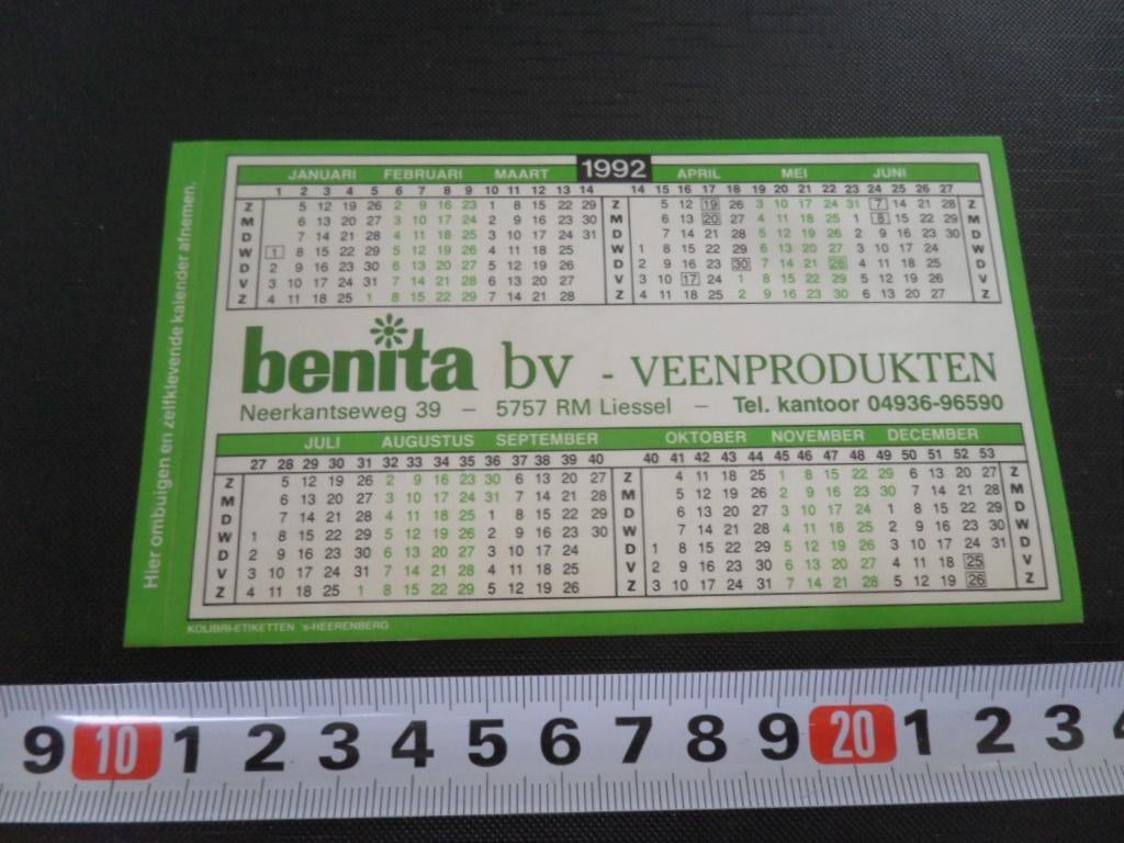 sticker Kalender 1992  :iessel BONITA bv veenproducten, Ophalen, Zo goed als nieuw