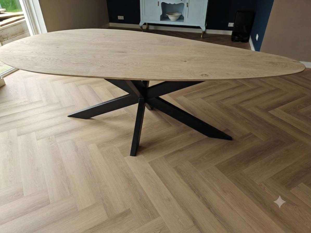 Massief eiken tafel (organisch druppelvormig blad), Ophalen, 100 tot 150 cm, Eikenhout, 200 cm of meer