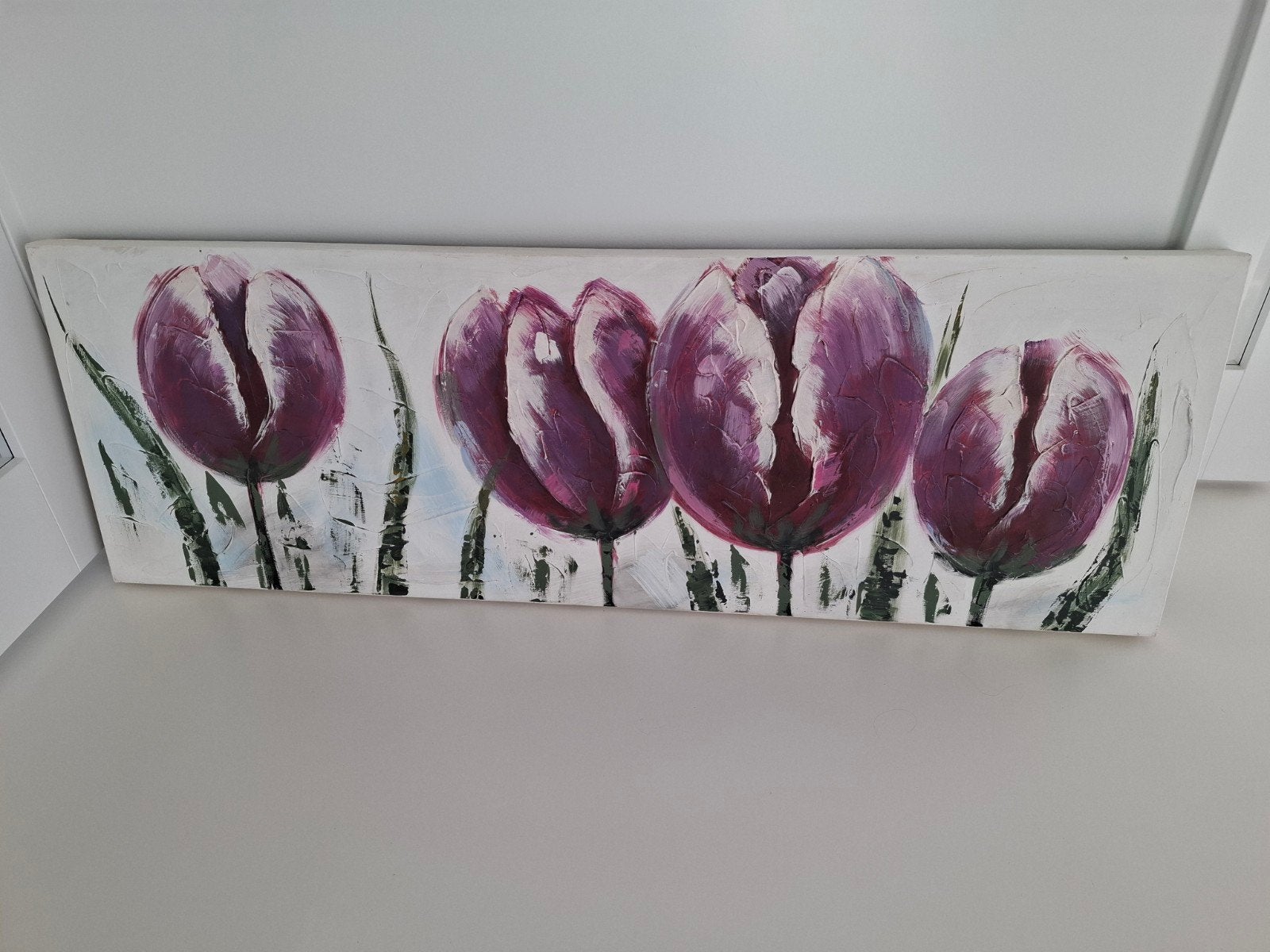 Schilderij 150x50 cm met paarse bloemen en certificaat, Ophalen, 50 – 75, Gebruikt, Oorspronkelijke maker