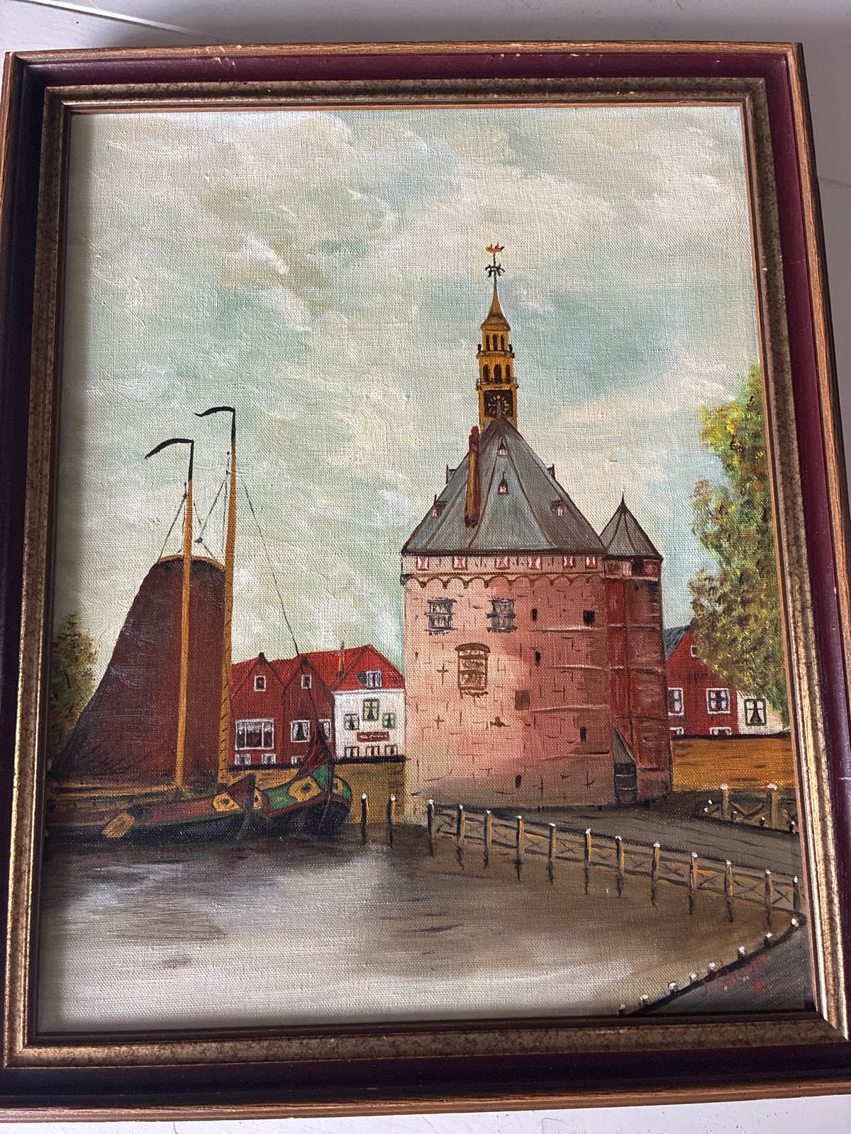 Olieverfschilderij Hoorn met boot en toren., Doek, Ophalen of Verzenden, Gesigneerd, Olieverf