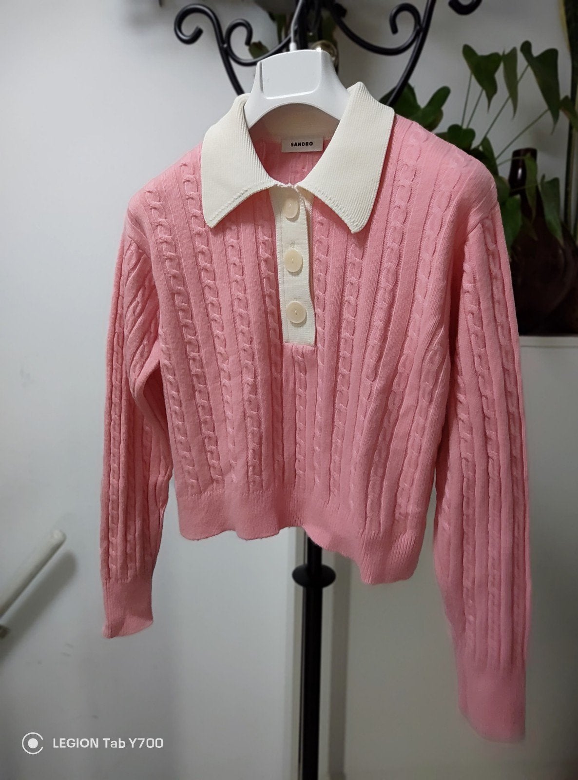 Sandro roze gebreide trui met kabelpatroon en kraag, Kleding | Dames, Maat 38/40 (M), Sandro, Ophalen of Verzenden, Zo goed als nieuw