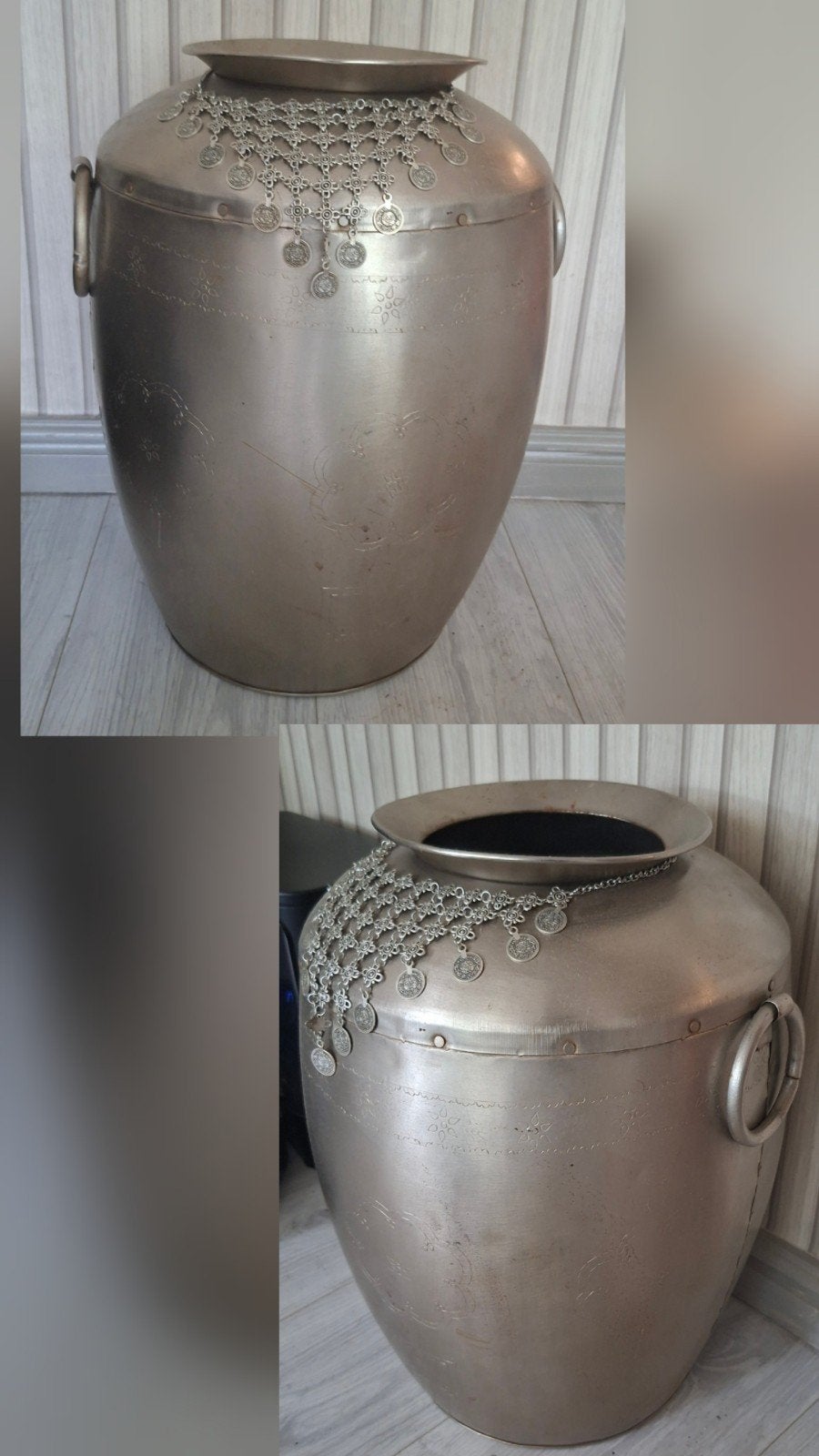 2 METALEN KRUIKEN / POTTEN INCL KRUIK KETTINGEN 55 CM HG, Huis en Inrichting, Ophalen, Geschikt voor droogbloemen, Zo goed als nieuw