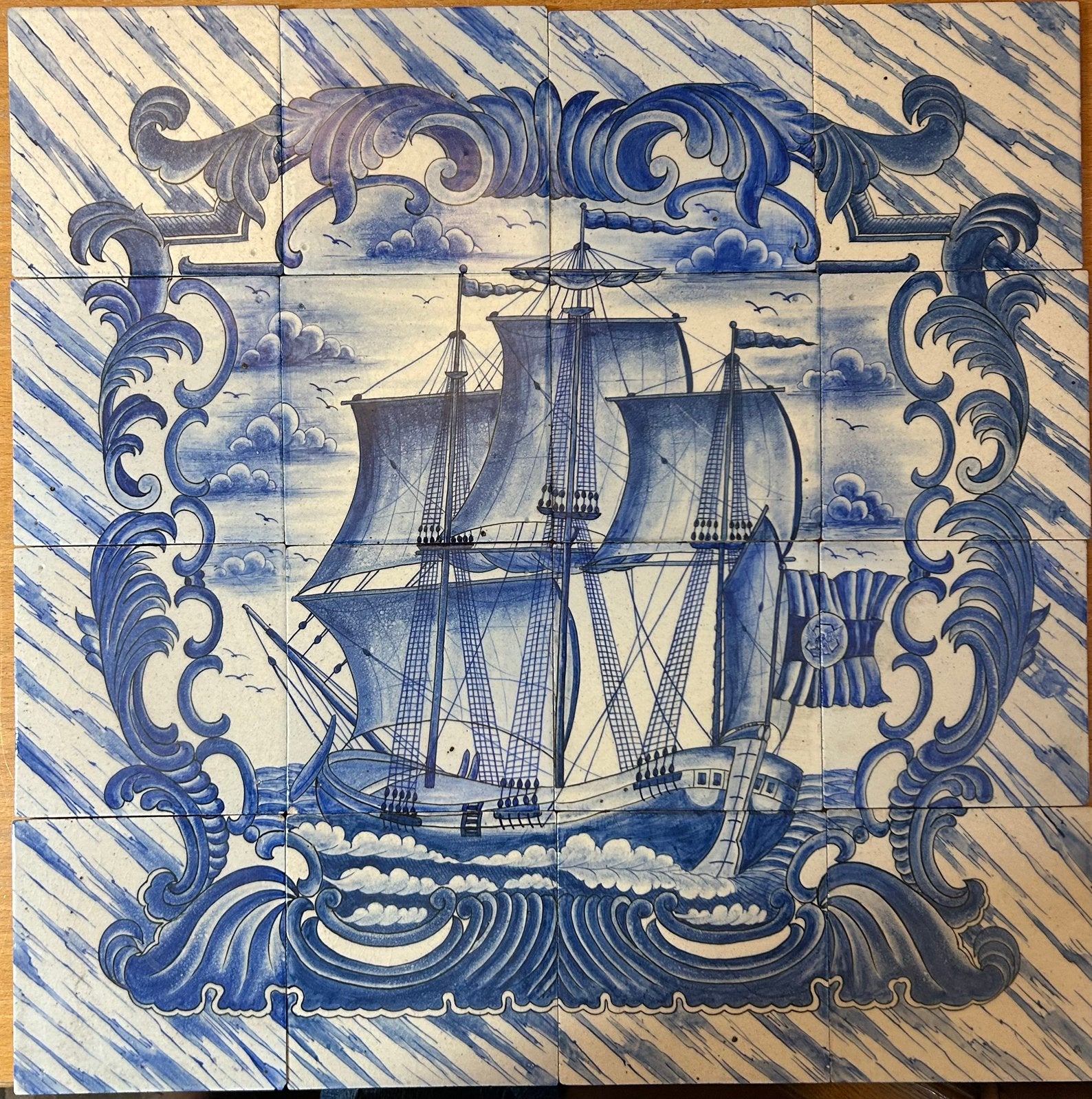 Authentieke Driemaster op 16 tegeltjes ca 13x13 cm, Ophalen of Verzenden