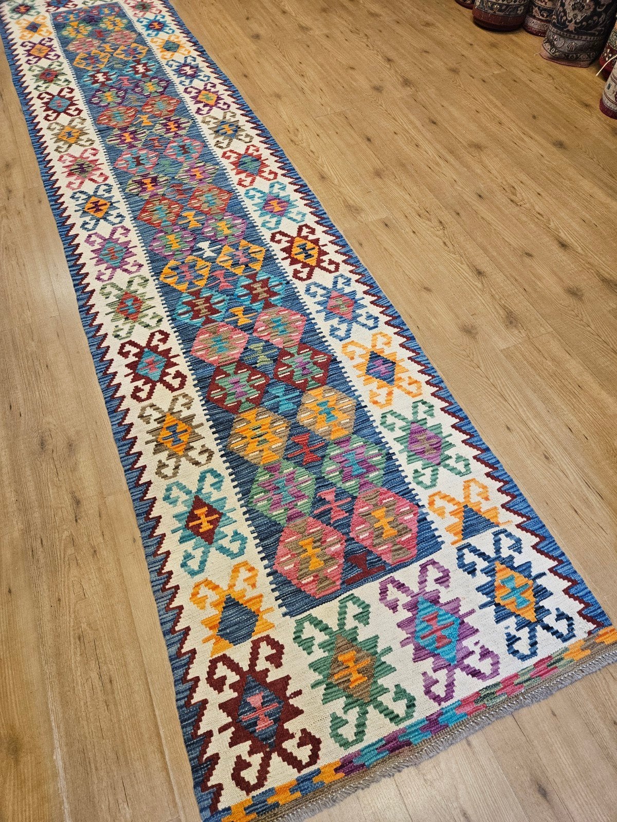 Handgeweven oosterse wollen kelim loper 400x90, Info@SlatsAntiek.nl, Crème, Vof Slats Antiek, Kelim