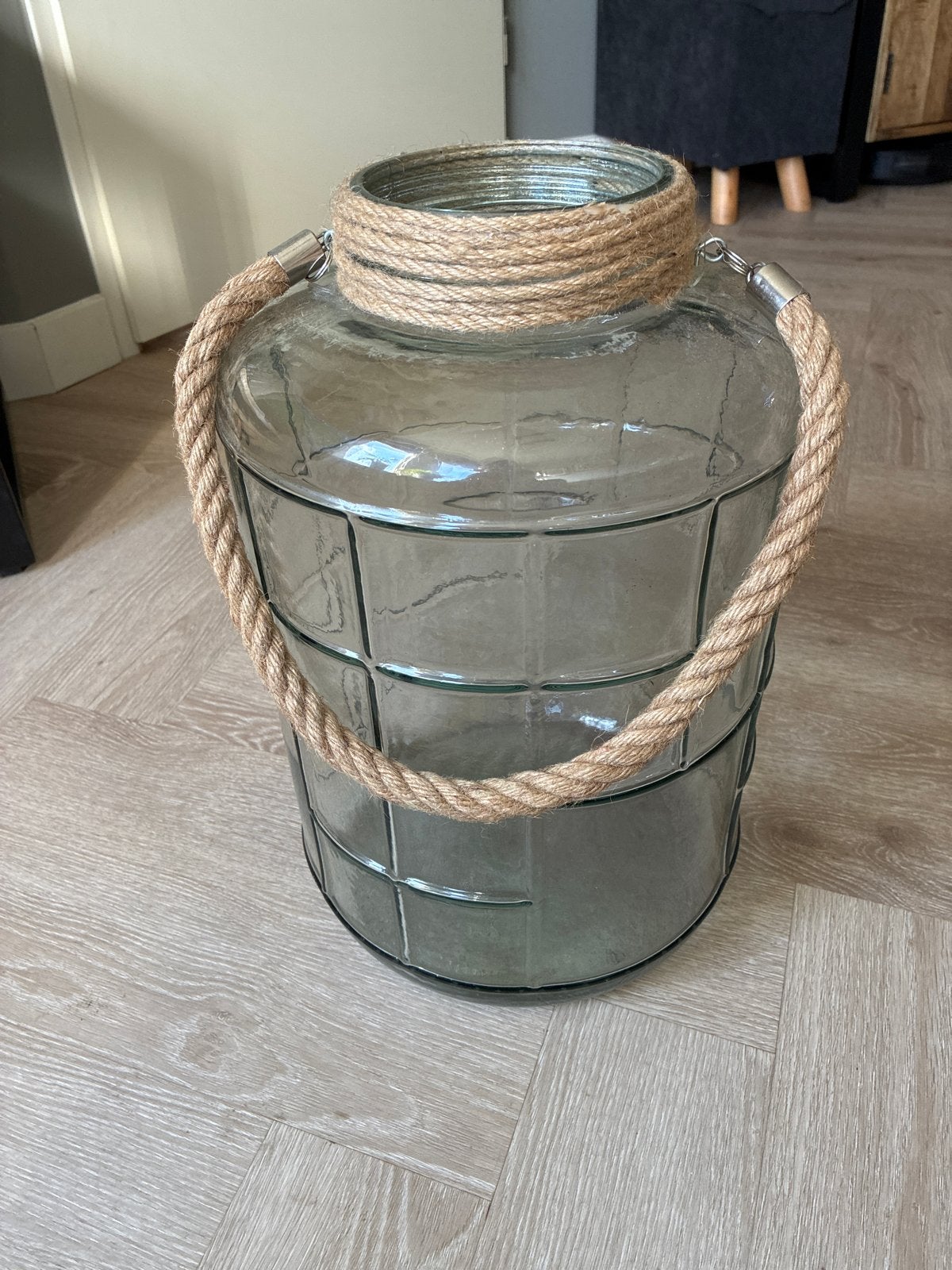 Grote glazen vaas / pot met touw, 45 cm hoog, Ophalen