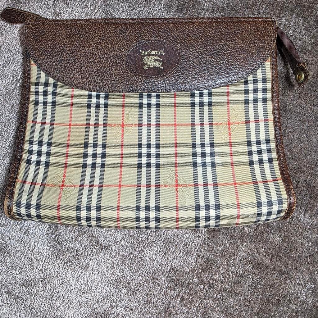 Vintage Burberrys Clutch Nova Check Leer, Ophalen of Verzenden, Gebruikt, Beige, Handtas