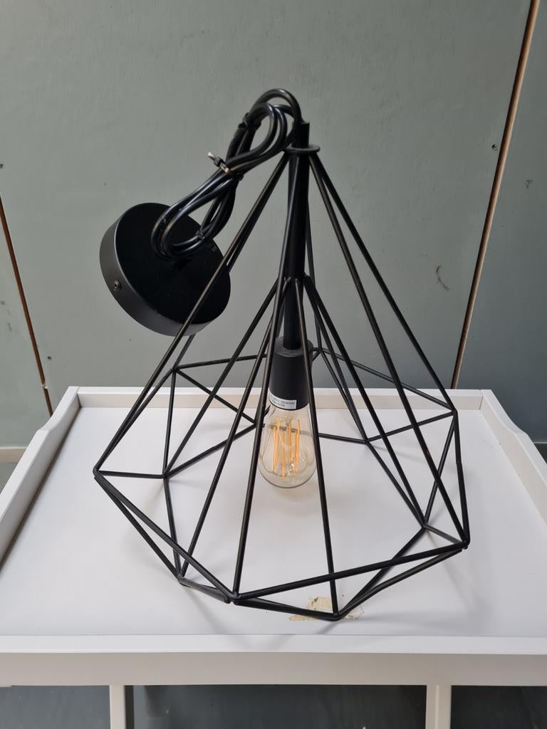 Industriële Zwarte Hanglamp - 38cm Hoog, 34cm Breed, Ophalen of Verzenden, Zo goed als nieuw, Metaal, Minder dan 50 cm