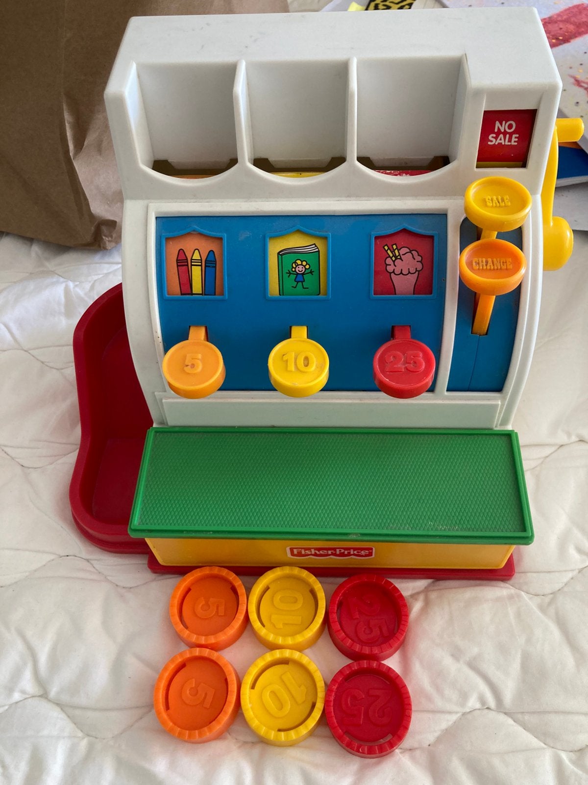 Fisher price vintage kassa met 6 munten, Ophalen, Gebruikt