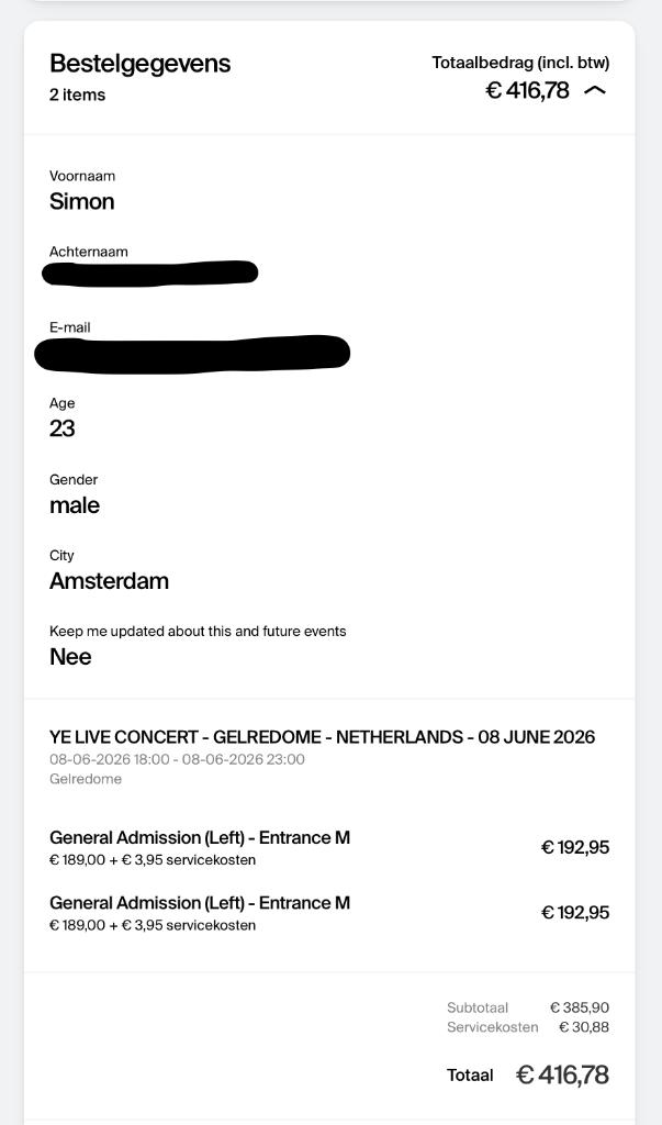 2x Kanye West Tickets - 8 Juni - Staanplaatsen €220 per stuk, Tickets en Kaartjes, Twee personen, Juni