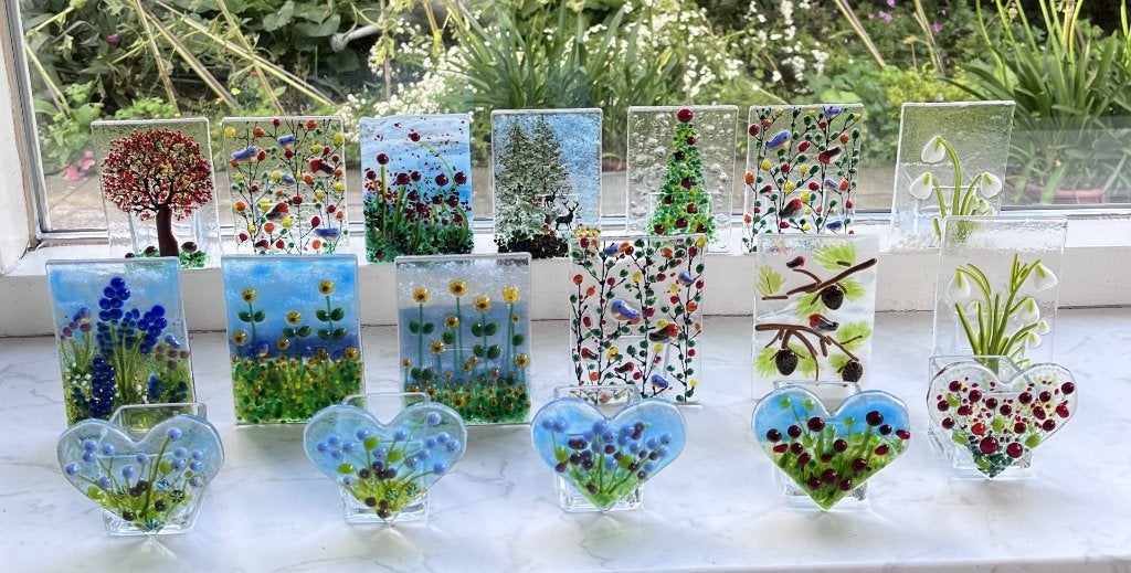 Waxinelichthouder glas glasfusing herfst bloem boom vogel, Huis en Inrichting, 12 cm, Meerkleurig, Overige merken, Waxinelichthouder