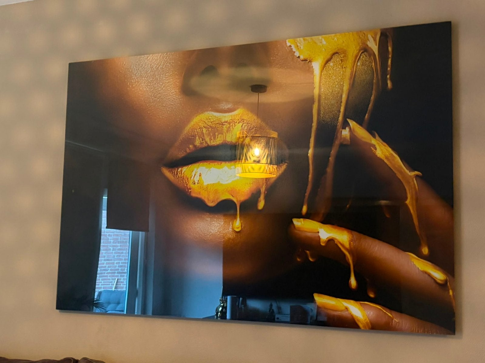 Grote Plexiglasplaat met Gouden Lippen en Vingers, Ophalen, Zo goed als nieuw, 125 cm of meer, Print