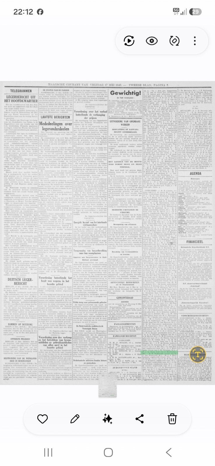 gezocht Haagsche Courant - 17 mei 1940 - Historisch Krant, Ophalen of Verzenden, Gelezen, Krant