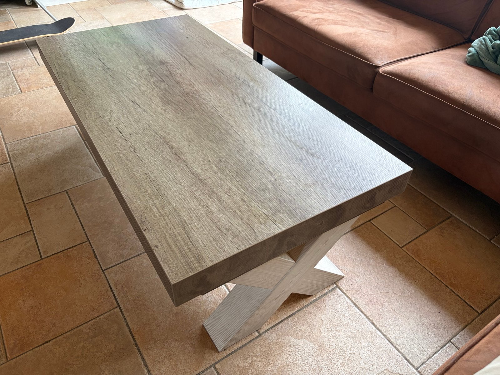 Tafelset met X-poten - Houtlook - Eettafel en 2 salontafels, Ophalen, Gebruikt, 100 tot 150 cm, 50 tot 100 cm