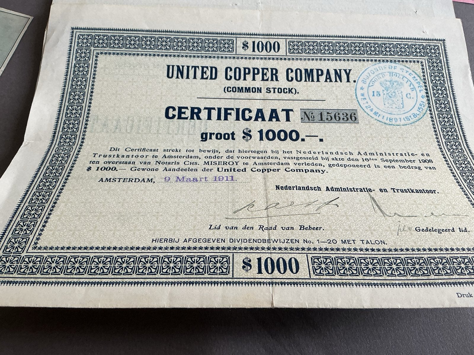 United Copper Company Certificaat groot $1000 - 1911, Verzenden, Voor 1920, Aandeel