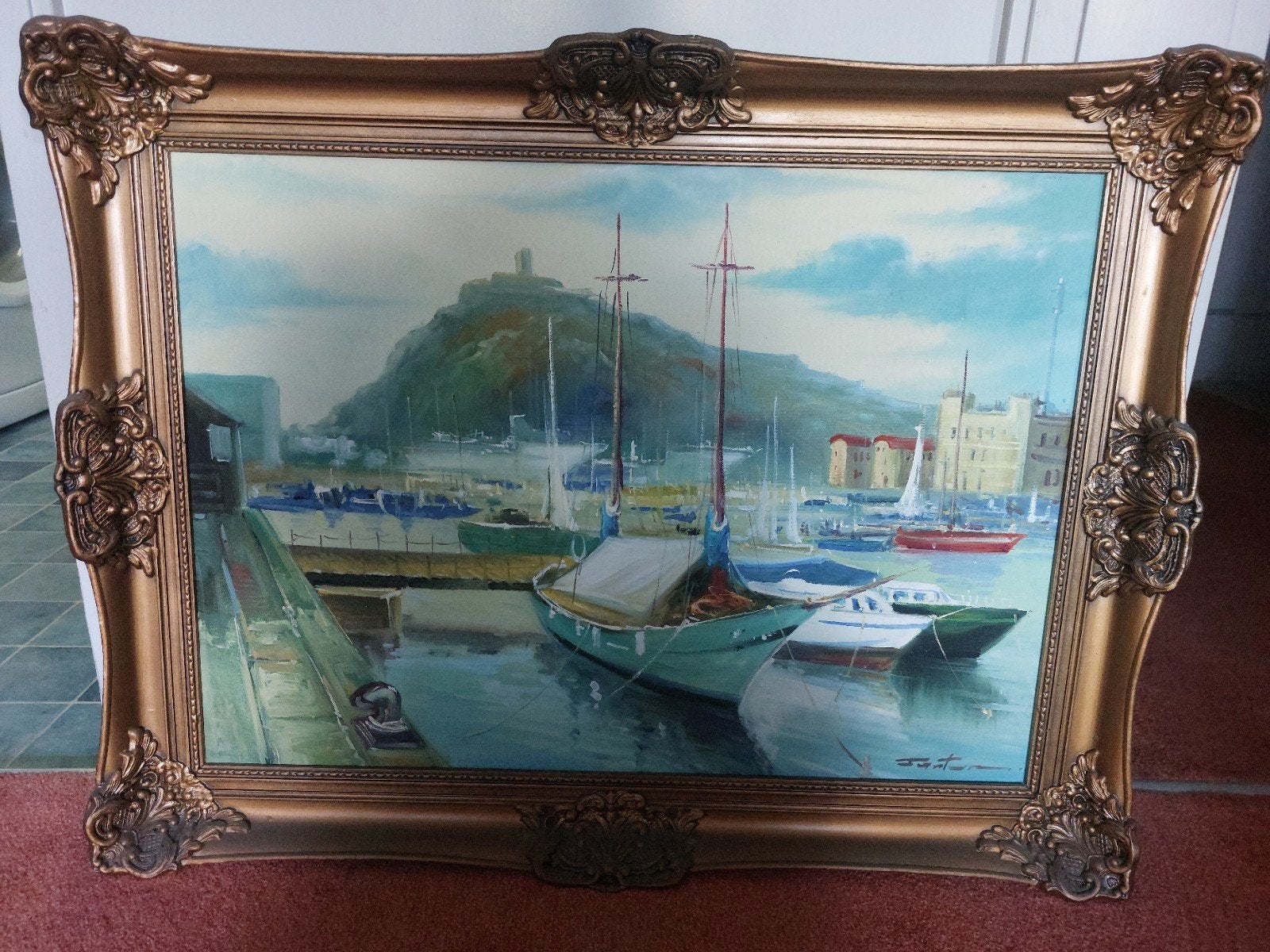 Schilderij havengezicht met boten en kasteel, Antiek en Kunst, Ophalen
