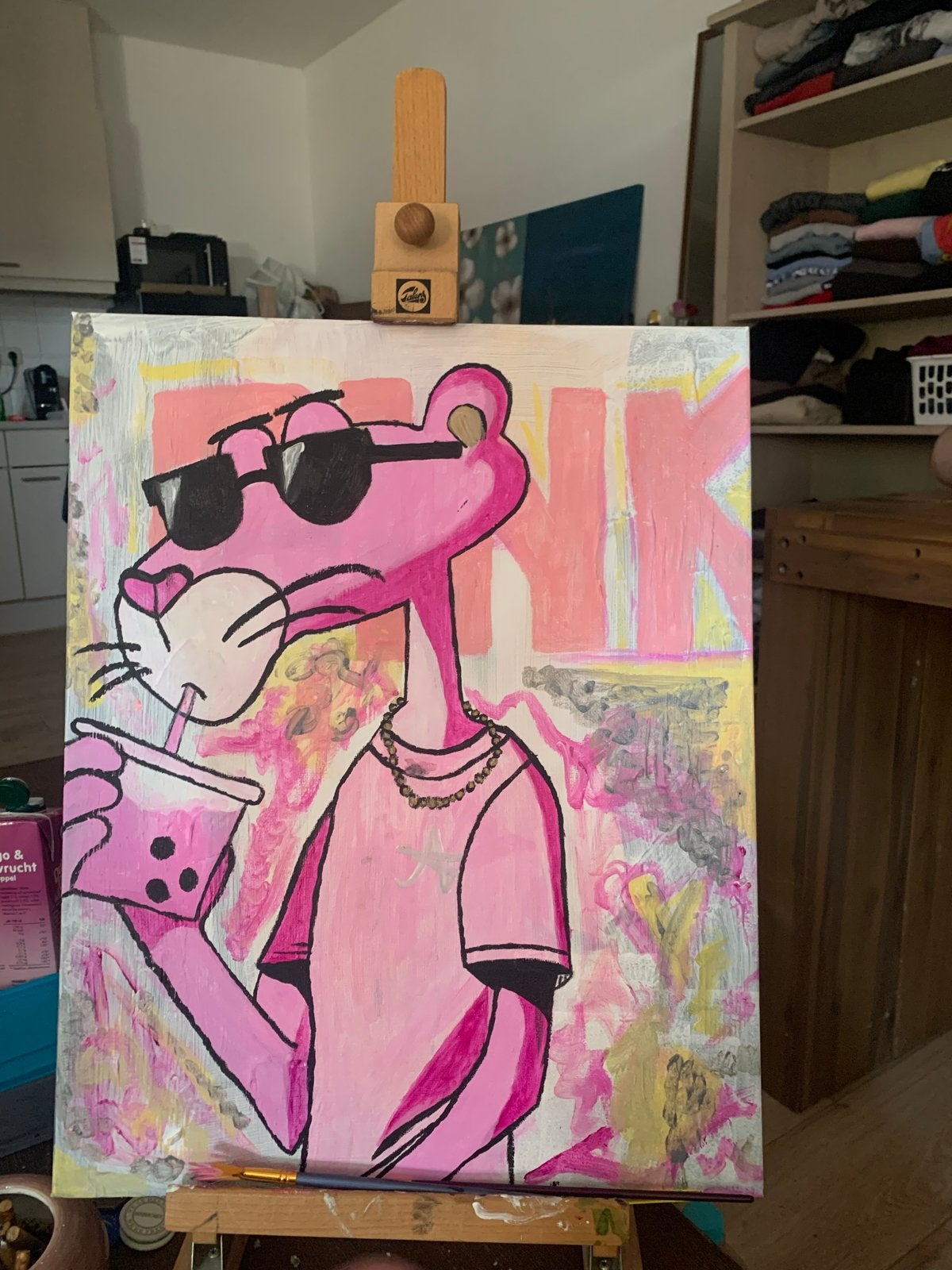 Pink Panther Acryl Schilderij - Uniek en Handgemaakt, Antiek en Kunst, Kunst | Schilderijen | Modern, Acrylverf, Handgeschilderd