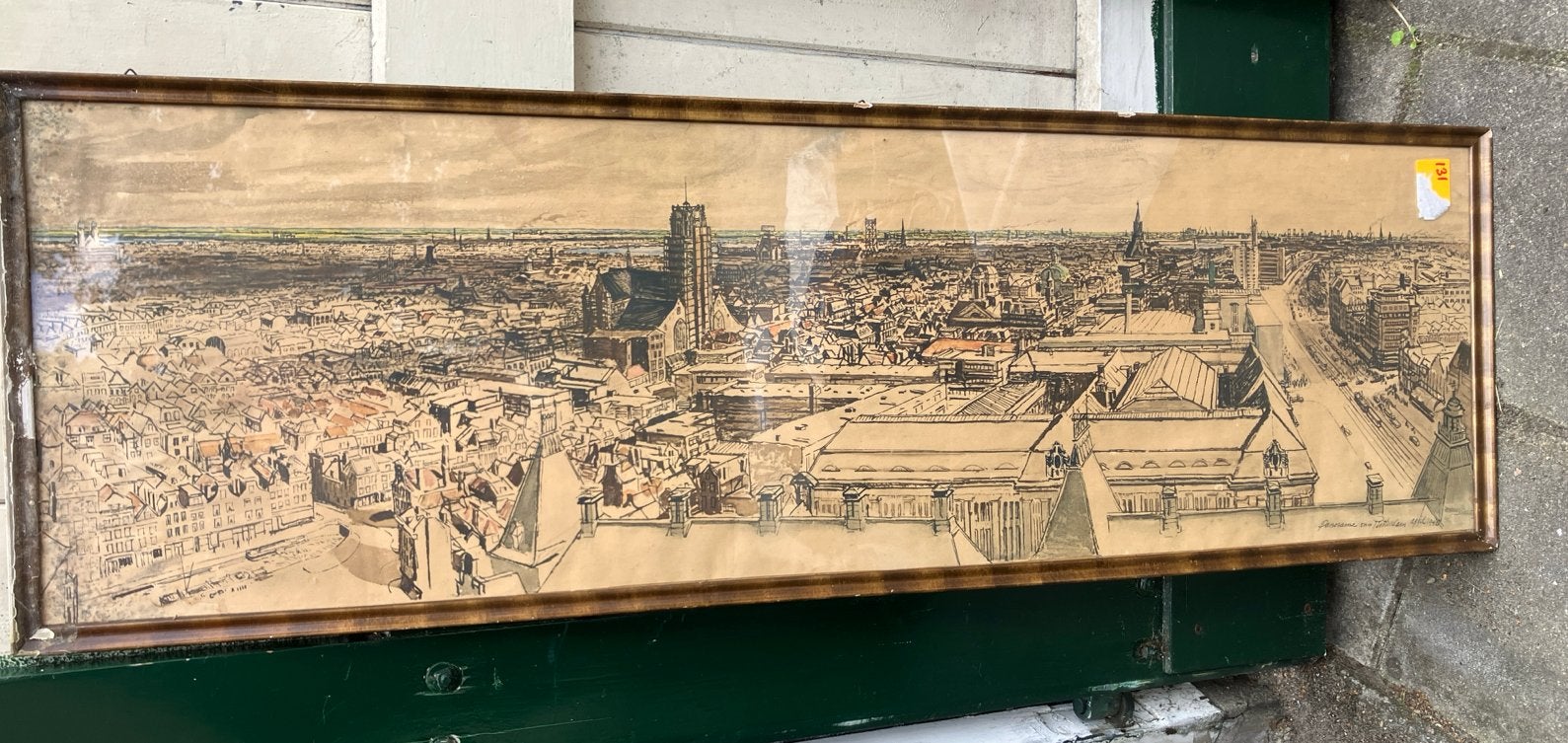 Roterdam 1940 stadsgezicht, Antiek en Kunst, Ophalen, Tekening, Pentekening, Achter glas