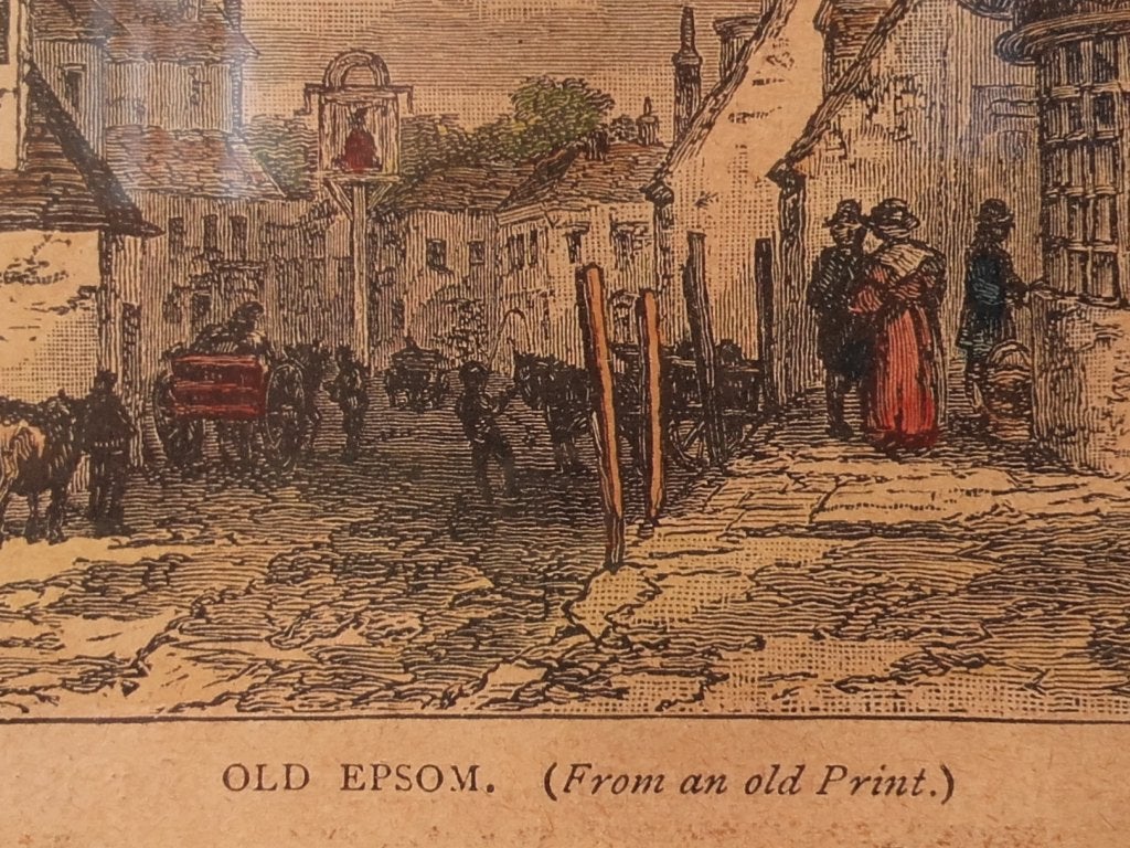 Mooie antieke ingelijste ets uit Engeland van Old Epsom., 1800 - 1899, Stadsgezicht, Met tekst, Ophalen of Verzenden