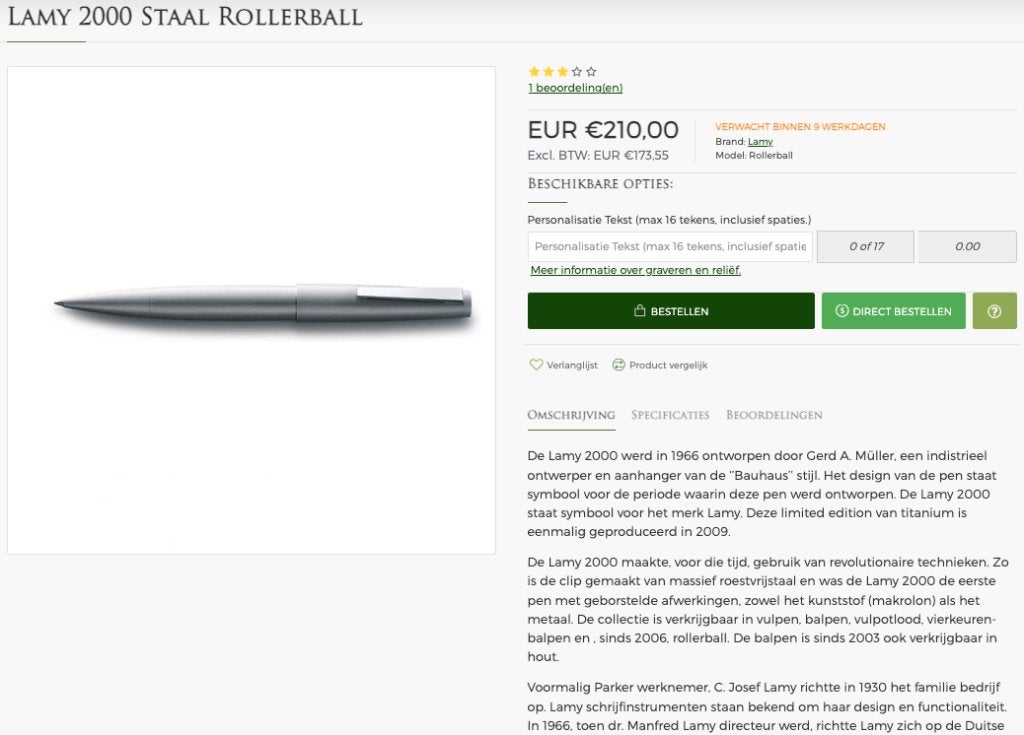 Lamy 2000 Staal Rollerball, Verzamelen, Pennenverzamelingen, Ophalen of Verzenden, Zo goed als nieuw, Balpen, Overige merken