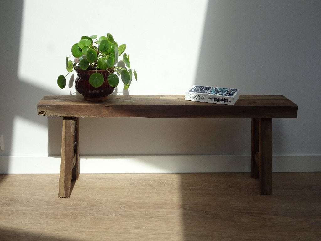 Massief houten bankje / sidetable (110x20cm en 41cm hoog), Ophalen, Gebruikt, 100 tot 150 cm, 25 tot 50 cm