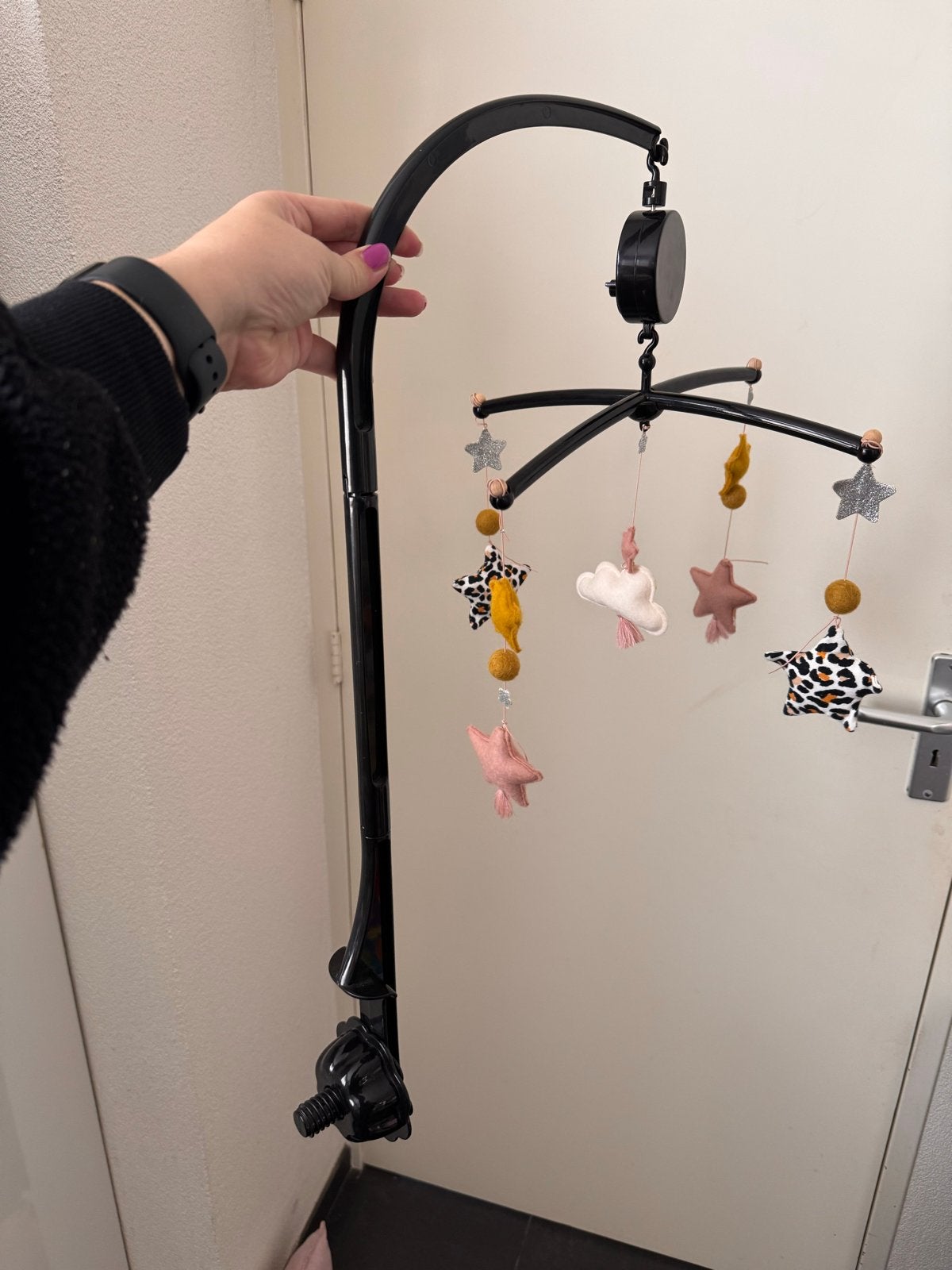 Zwart muziek mobiel voor babybed of box, Kinderen en Baby's, Speelgoed | Babyspeelgoed, Ophalen, Gebruikt, Mobiel, Met geluid