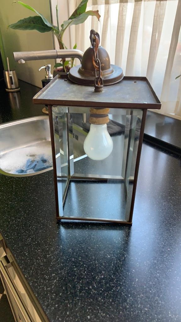 Hanglamp koper vierkant windlicht geslepen glas, Ophalen of Verzenden, Zo goed als nieuw, Glas, Minder dan 50 cm